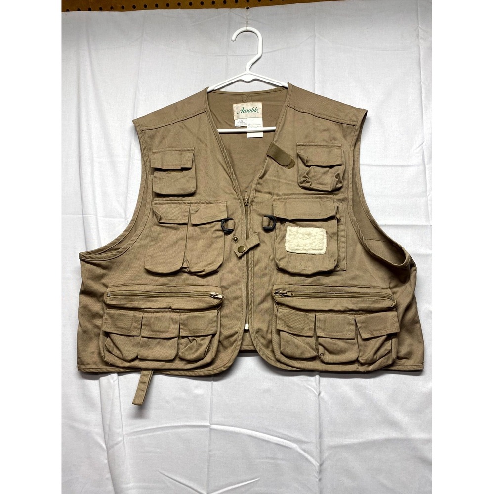 Vintage Ausable Fishing Vest Mens Large Brown Multi Pockets V Neck Full Zip